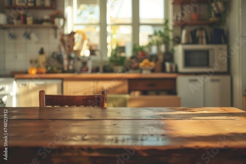Blurred indoor kitchen and wooden desk backdrop at home