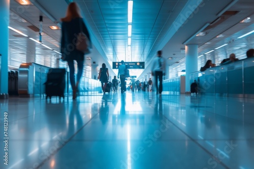Blurred passengers and flight attendants moving at the airport corridor photo