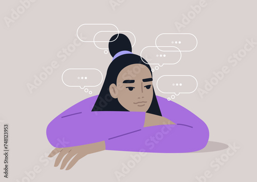 Pensive Moment, A character Lost in Thoughts Amidst Silence, a person deep in contemplation, surrounded by thought bubbles in a hushed ambiance