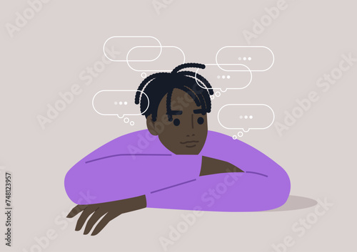 Pensive Moment, A character Lost in Thoughts Amidst Silence, a person deep in contemplation, surrounded by thought bubbles in a hushed ambiance