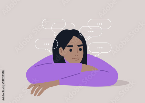 Pensive Moment, A character Lost in Thoughts Amidst Silence, a person deep in contemplation, surrounded by thought bubbles in a hushed ambiance