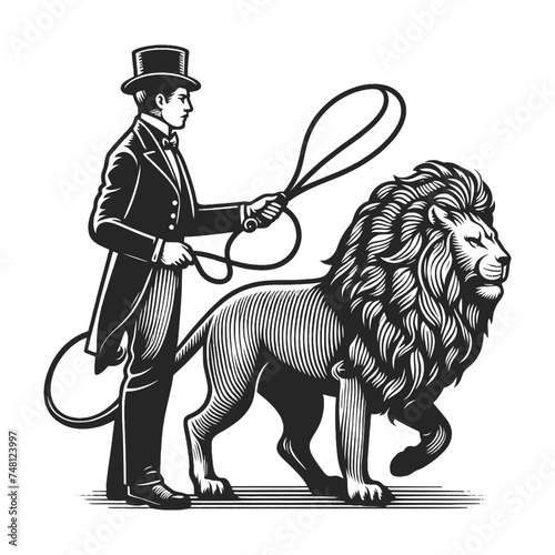 Circus ringmaster with lion trainer with lion sketch engraving generative ai fictional character vector illustration. Scratch board imitation. Black and white image.