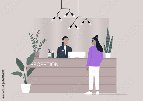 Serene Welcome at a Modern Reception Desk, A guest approaches a smiling receptionist in a stylish, contemporary lobby
