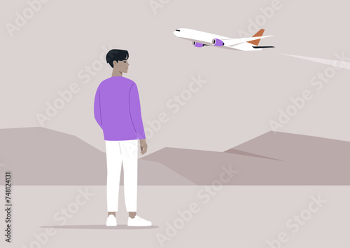 Serene Flight Observation at Dusk, A lone figure stands watching a plane ascend against a dusky sky