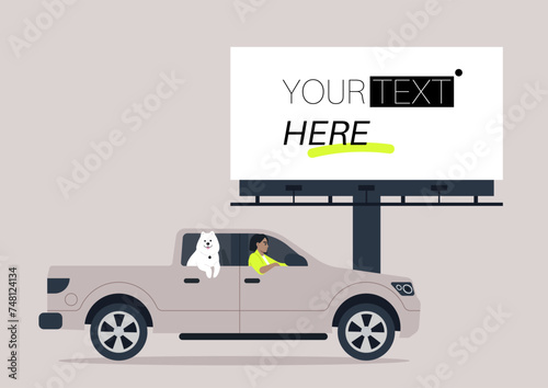Car ride With a Furry Companion Beside a Blank Billboard, A daily drive with a dog in the passenger seat of a pickup, a spotlit advertising banner with a copy space