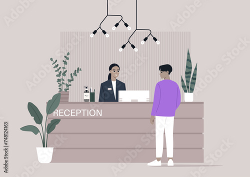 Serene Welcome at a Modern Reception Desk, A guest approaches a smiling receptionist in a stylish, contemporary lobby