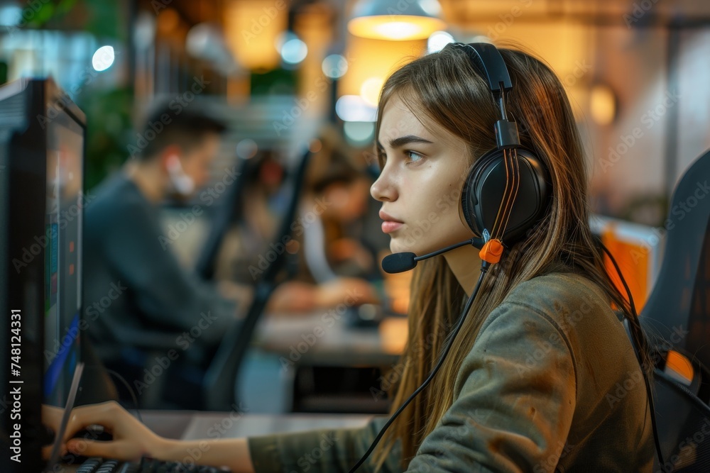 Call center agent a millennial woman consults customers online using a headset in a shared office