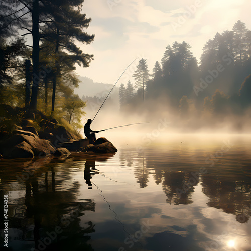 A fisherman casting a line into a peaceful lake.