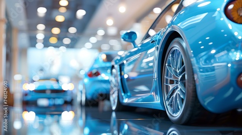 Sleek blue sports car showcased in showroom. modern vehicle design. luxury automobile presentation. ideal for auto enthusiasts. AI