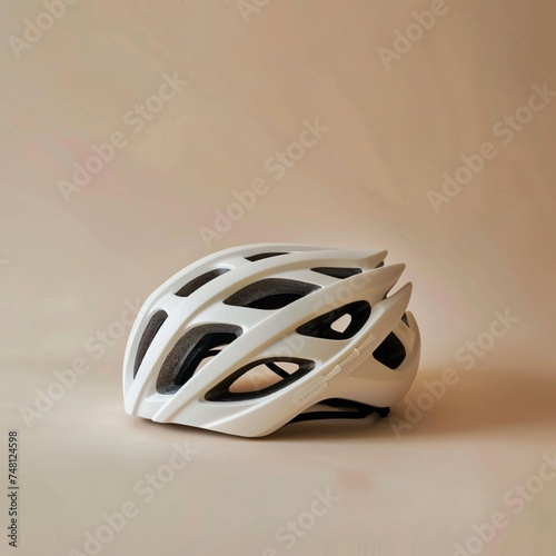 Modern bicycle helmet resting on a soft muted color palette offering copious space for wording
