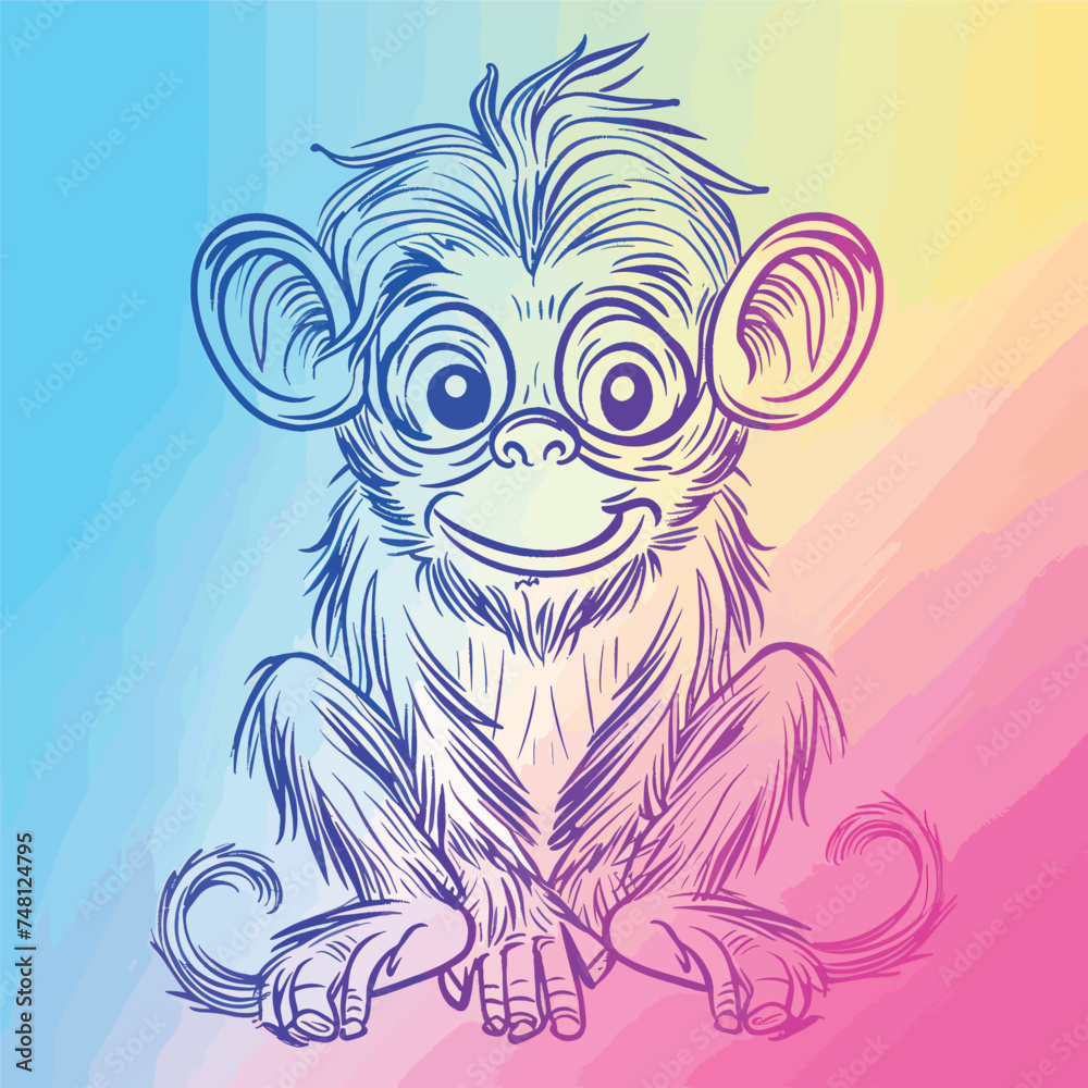 cold gradient line drawing of a crazy cartoon monkey