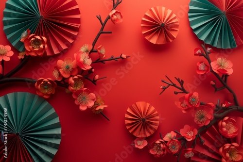 Chinese New Year 2023 artwork Red background with paper fans and blossom flowers