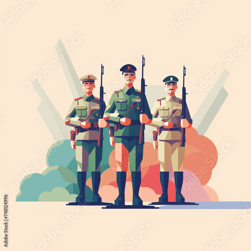 Illustration of a group of soldiers in action. Flat pastel colors. 