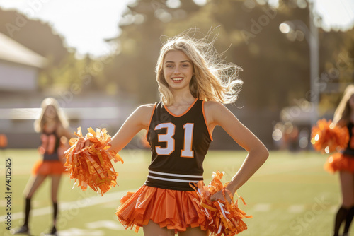 high school cheerleader performing dance routine on sports field photo