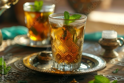 Close up of Moroccan mint tea served in a glass a traditional drink photo