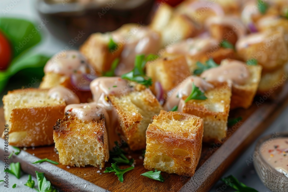 Closeup of white background with delicious croutons and sauce covered board Closeup of white background with delicious croutons and sauce covered board