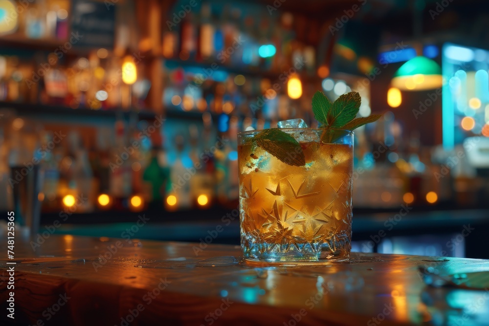 Cocktail on nightclub bar counter