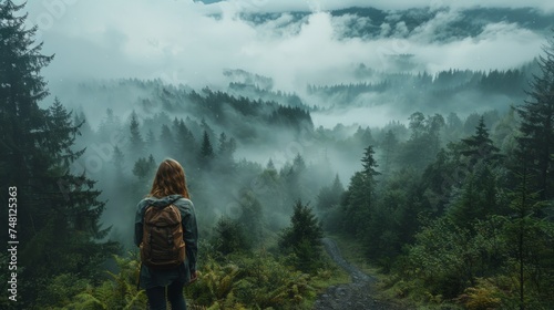 Female Hiker Into The Wild, Forest Landscape, Independence, AI Generated