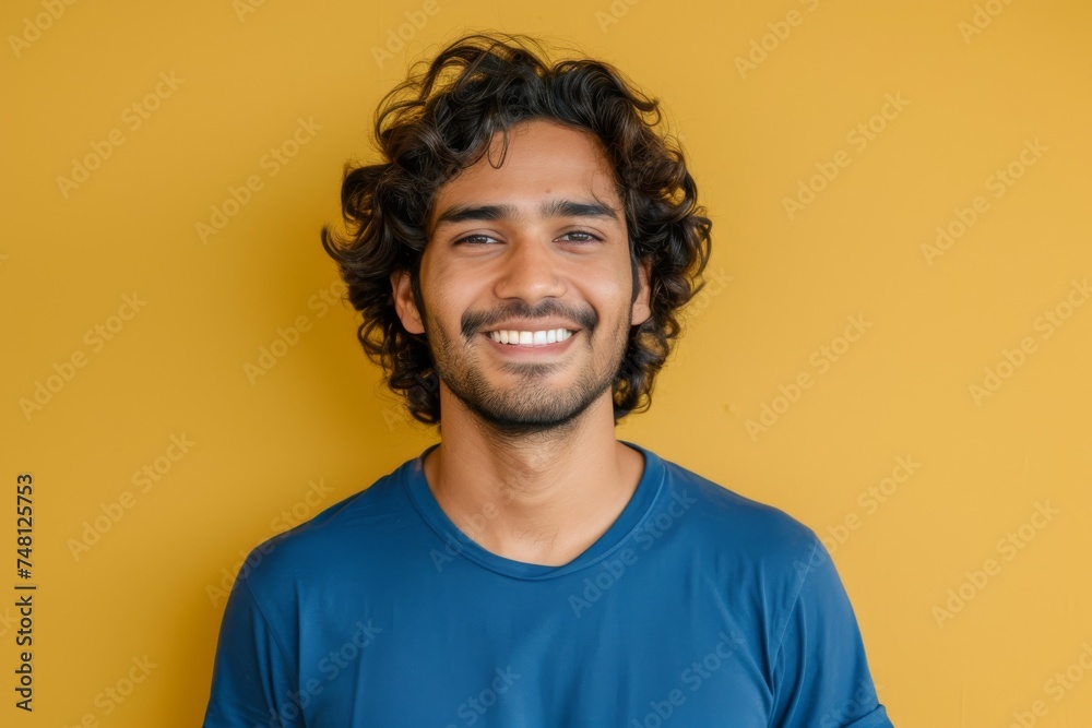 Curly Indian man posing on yellow background looking happy and stylish Curly Indian man posing on yellow background looking happy and stylish