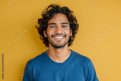 Curly Indian man posing on yellow background looking happy and stylish © LimeSky