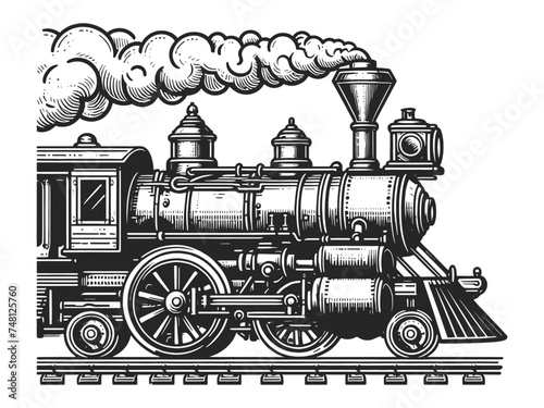 Steam locomotive train in steampunk style sketch engraving generative ai vector illustration. Scratch board imitation. Black and white image.