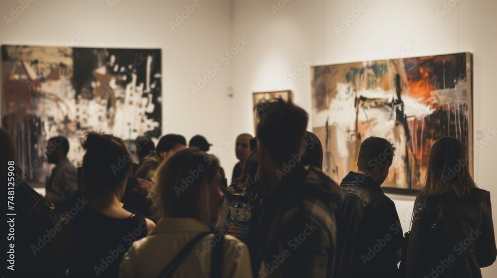 Obraz premium An unfocused crowd of art enthusiasts gathered in a gallery, engrossed by the display of artworks in various styles and mediums.