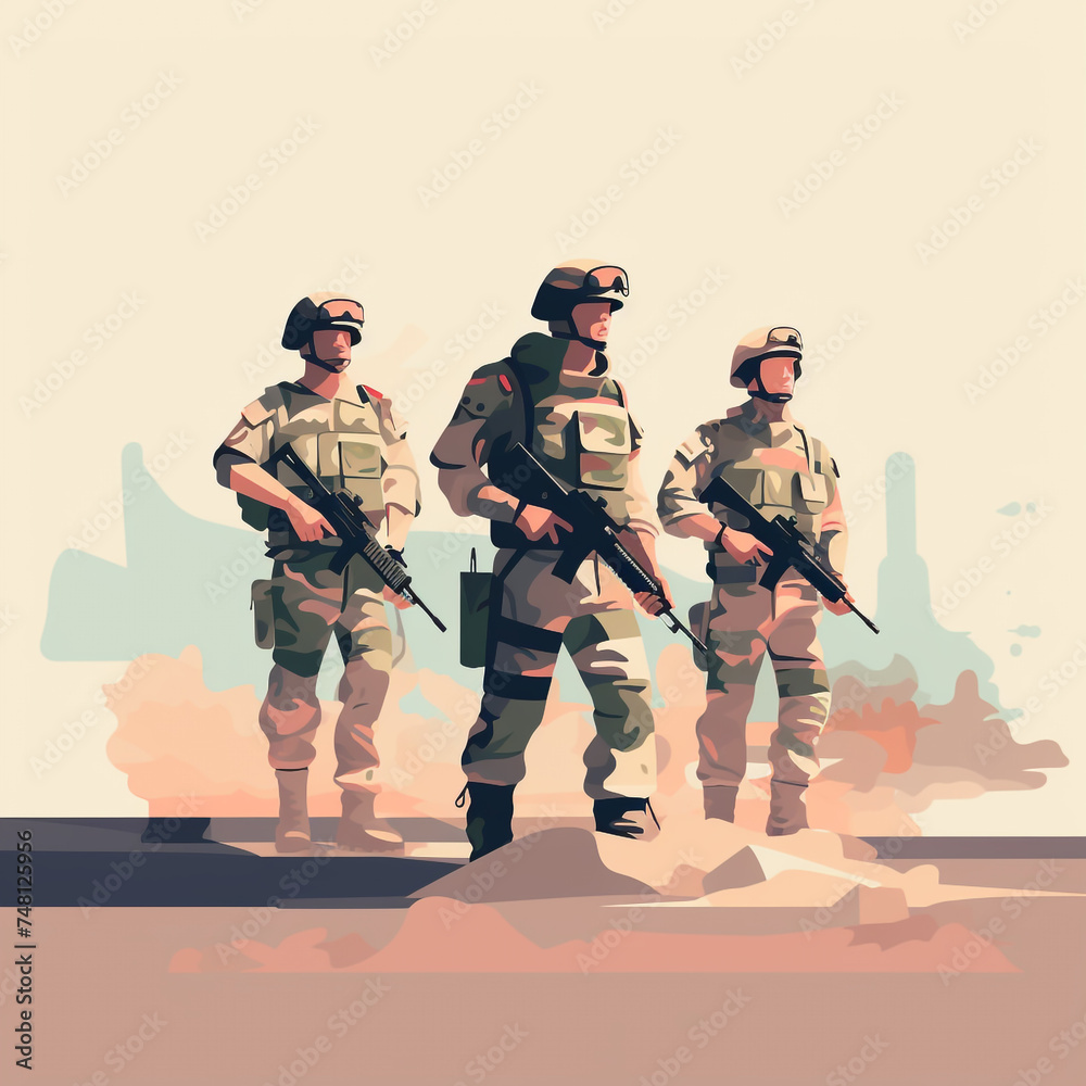 Illustration of a group of soldiers in action. Flat pastel colors. Illustration of a group of soldiers in action. Flat pastel colors.