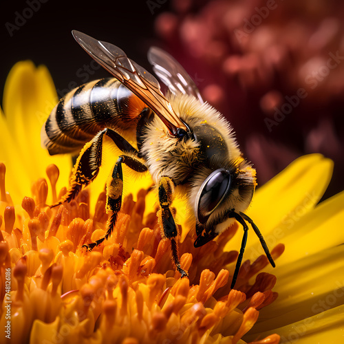 Macro shot of a bee pollinating a flower.
