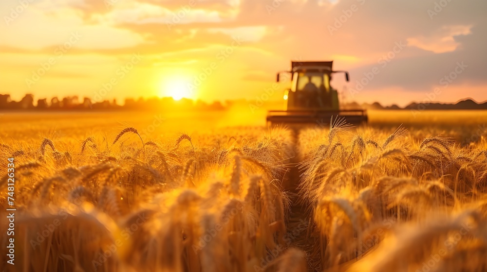 Fototapeta premium Farm worker harvesting wheat in the golden sunset