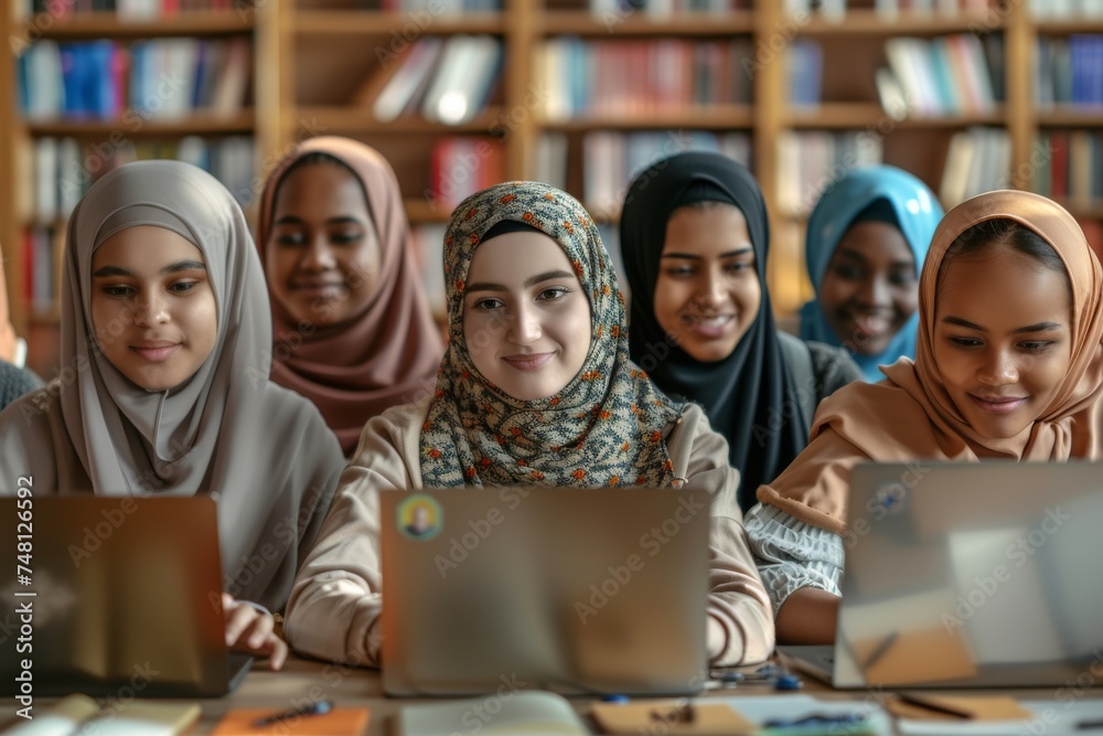 Diverse students collaborate on college homework comparing research findings on a laptop Diverse students collaborate on college homework comparing research findings on a laptop