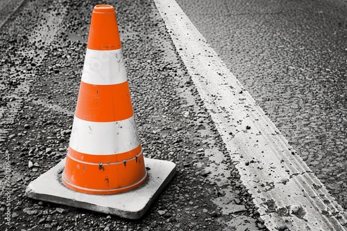 Detailed picture of road sign orange cone with white stripes on gray road photo