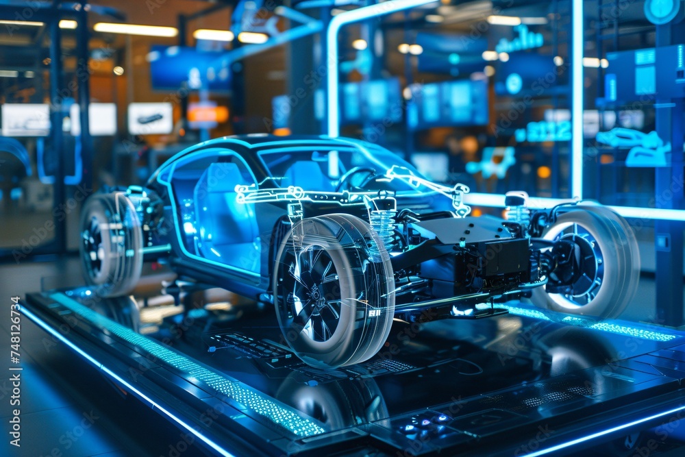 Fototapeta premium Sleek electric car chassis on a futuristic blue tech inspired background