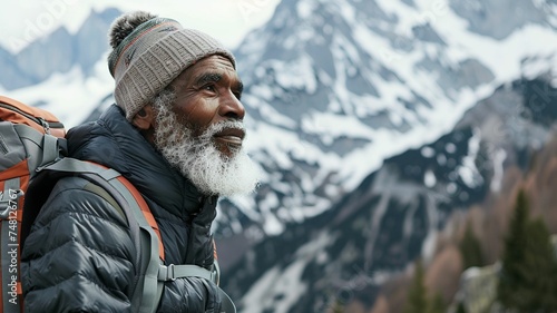 portrait of an Afroamerican man in a black jacket, hiking in the mountains. Snow background. Outdoor concept. Travel image style. For shop, banner, design, poster, advertisement, For Father's Day