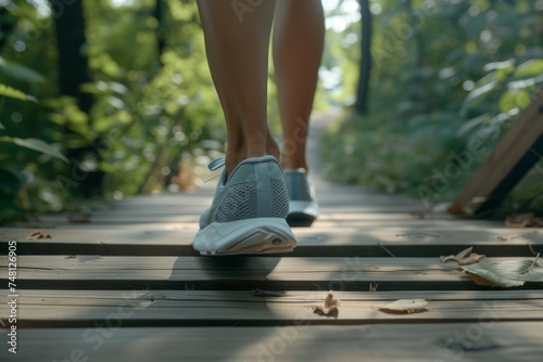 Female legs in running shoes on a wooden footpath in the woods Portraying a healthy lifestyle © LimeSky