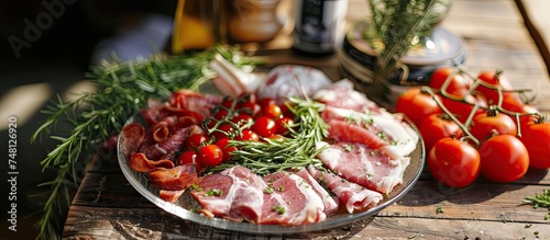 A glass plate on a wooden table displays a variety of fresh meats, pork fat, and vibrant tomatoes. The rustic backdrop of old boards adds to the earthy charm of the scene.