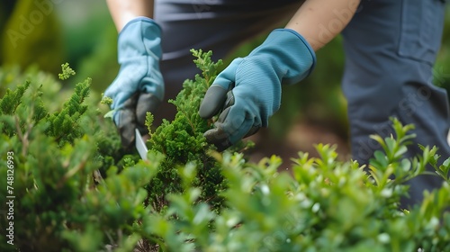 a woman's hands in gloves pruning bushes photo