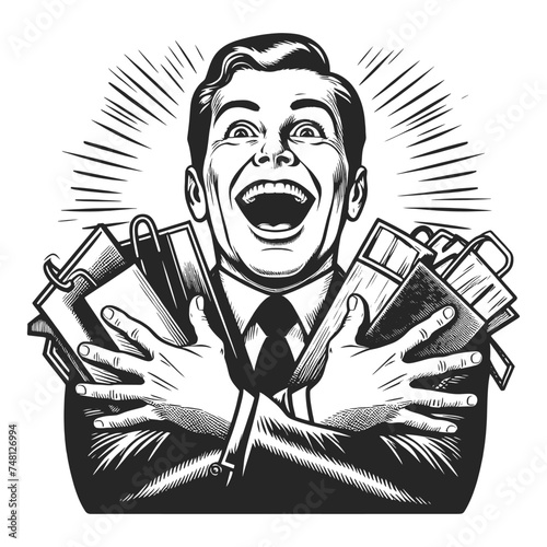 Old fashioned overjoyed vintage happy businessman with checkbook cash, classic retro style. Gentleman sketch engraving generative ai fictional character vector illustration. Scratch board imitation.