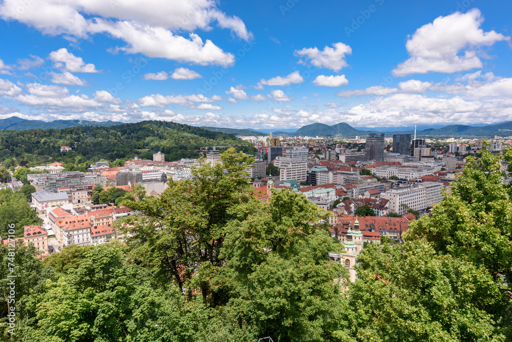 Ljubljana, Slovenia - June 27, 2023: Beautiful downtown Ljubljana City.