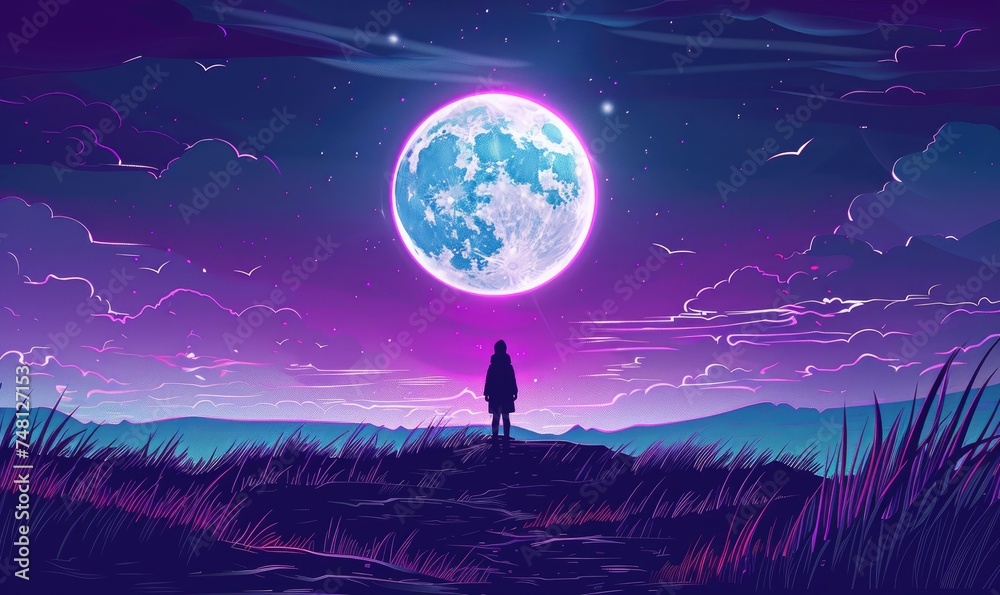 illustration of Night landscape with silhouette of a girl and full moon