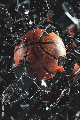 A 3D basketball in motion surrounded by shattered pieces, designed for sports background.