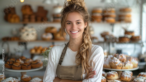 Startup small business owner female baker entrepreneur standing in front of bakery shop.