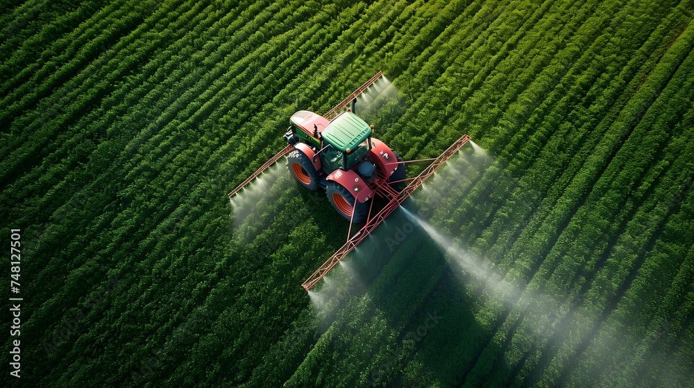 A green tractor is driving through a field of soybeans. top view A green tractor is driving through a field of soybeans. top view