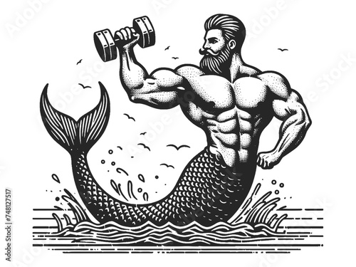 Strongman muscular merman athlete with a beard, lifting a dumbbell in the sea sketch engraving generative ai fictional character vector illustration. Scratch board imitation. Black and white image.