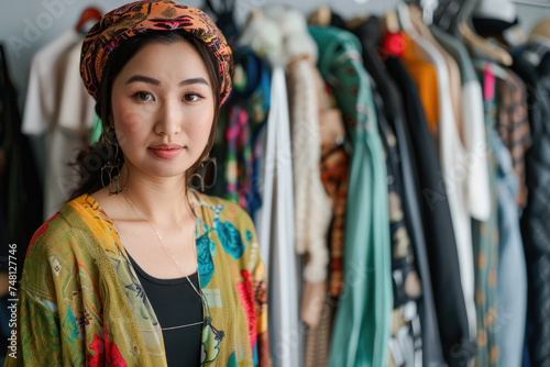 Portrait of a young female Asian fashionista trying on outfits and posing in a studio