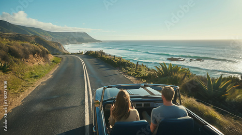 Happy couple love and family drive a classic car with amazing sea ocean and beach view from road along the sea in summer road trip in holiday