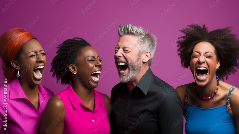 background of many portraits of people of different nations, with different emotions on a pink background