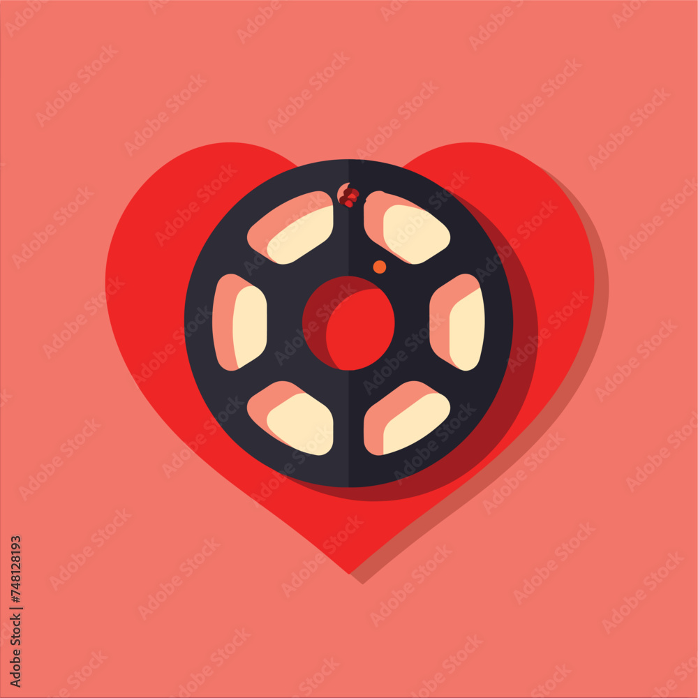Film reel icon flat. Simple pictogram on heart background