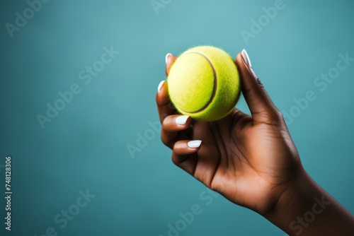 partial view of sportive young woman holding tennis racket and ball while playing on blue background