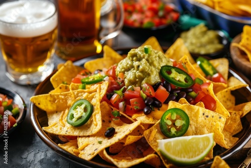 Mexican nachos with chips black bean jalapeno guacamole salsa cheese and bottled beer On a table