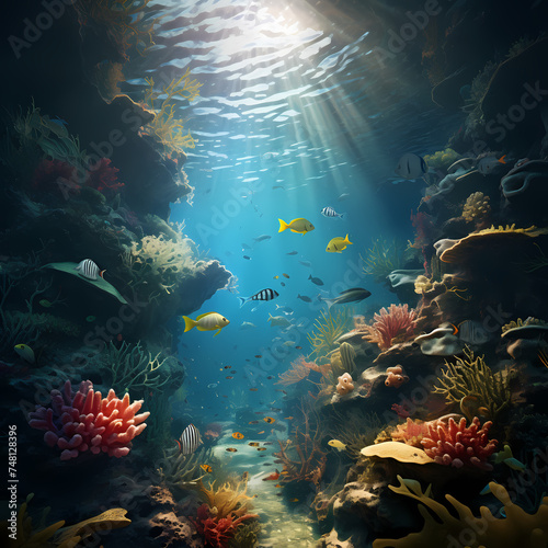 Surreal underwater scene with marine life.